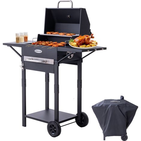 HOMAVO Barbecue Charbon de Bois, Surface de Cuisson: 45×32 cm, Grille Principale Émaillée, Tablette Latérale, avec Housse Barbecue