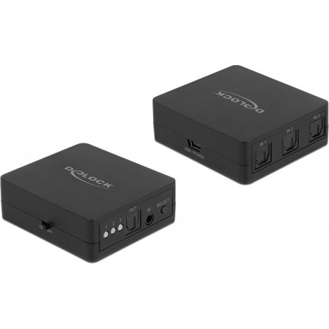 Delock Conmutador S/PDIF TOSLINK de 3 entradas y 1 salida con mando a distancia por infrarrojos y alimentación por USB