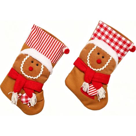 Juego de 2 calcetines navideños con forma de hombre de jengibre, hechos de tela, para colgar en la chimenea, el árbol de Navidad y como decoración festiva. (1/5)