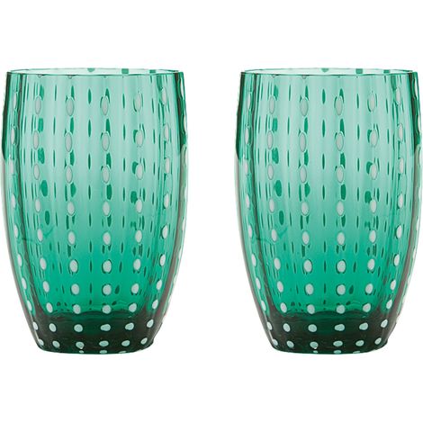Zafferano Perle Bicchiere Verde - Vetro Colorato Soffiato a Bocca, 32 cl, Lavorato a Mano - Set da 2 Tumblers Artigianali per Acqua o Cocktail
