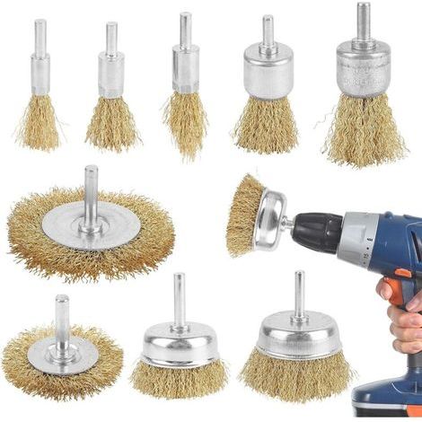 Set di 9 spazzole metalliche, spazzola circolare per smerigliatura con kit di spazzole per trapano da 1/4 di pollice, smerigliatrice per cacciavite, trapano per pulire metallo, legno e rimuovere (1/4)