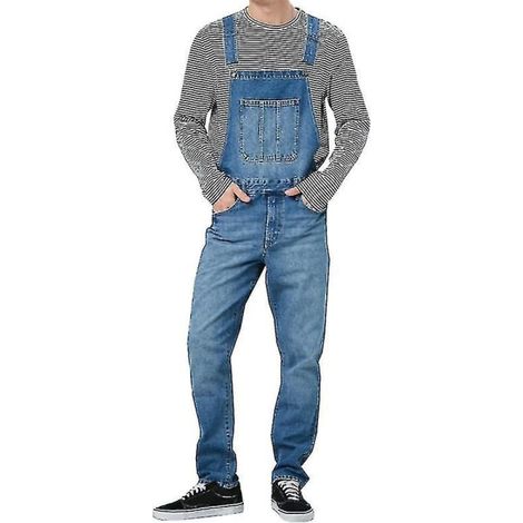 Salopette en jean homme bleu foncé taille 2XL, combinaison denim robuste pour travaux et loisirs, vêtement de travail pratique, pantalon à bretelles ajustable, tenue unisexe décontractée. (1/4)
