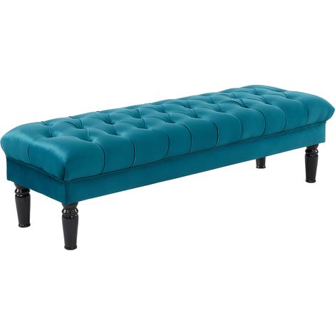 Vente-Unique – Banc RINALDO 1 place en velours bleu canard – Assise capitonnée – Pieds en bois noir – Longueur 160 cm – Hauteur 46 cm – Profondeur 50 cm (1/3)