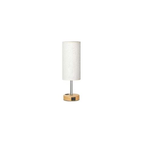 Nachttischlampe fürs Schlafzimmer – 3-stufig dimmbare Touch-Leuchte mit USB-C-Ladeanschluss und Steckdose, kleiner Lampenfuß aus Holz, runder Lampenschirm – Crezuo