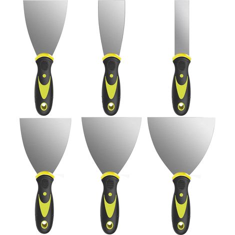 Kit de 6 Couteaux à enduire, Lame acier inoxydable, Poignée ergonomique TPR, Pour réparation murale et peinture