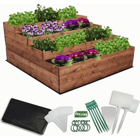 MODO24 Carré potager surélevé en bois, 4 niveaux en cascade, 54x117x120 cm, jardin/terrasse, kit jardinier inclus, brun imprégné