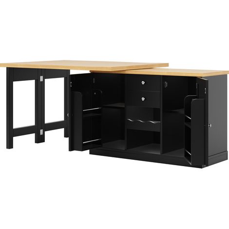Mesa isla de cocina extensible 120-197 cm giratoria 360° con botellero y estantes negra (1/5)