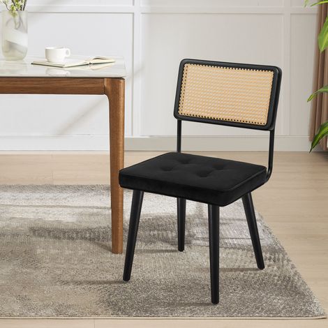 Lot de 1 chaises de salle à manger rotin naturel, dossier canne ajourée, assise rembourrée velours noir, structure bois massif (1/5)