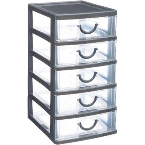 Module de rangement 5 tiroirs coulissants 26cm – En polypropylène gris – Pour dressing – Dimensions compactes L. 12,8 x P. 15,8 x H. 25,6 cm – Basic & Co