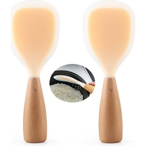 Confezione da 2 cucchiai da riso in silicone con manici in legno, rivestimento antiaderente, per cuociriso, spatole e utensili da cucina. (1/5)