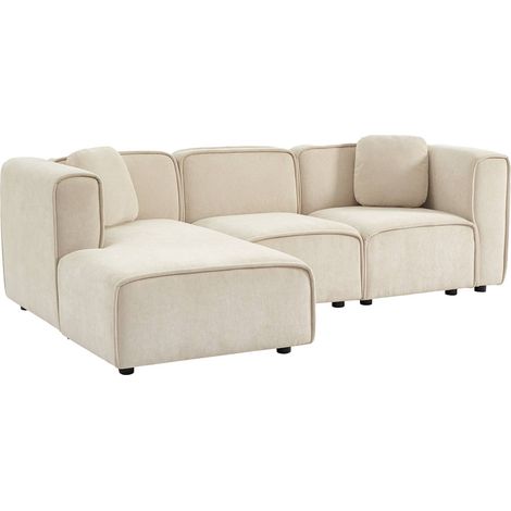 sweeek - 3-Sitzer Ecksofa Recamiere links Stoffbezug 2 quadratische Kissen, Stoff, Beige