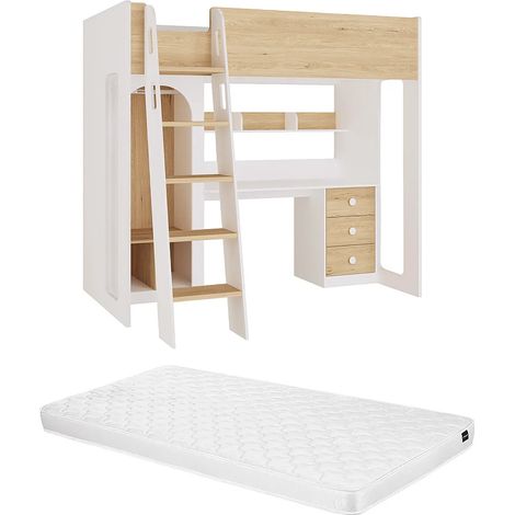 Letto a soppalco 90 x 190 cm con armadio e scrivania Naturale e bianco + Materasso - ALVENOU (1/5)