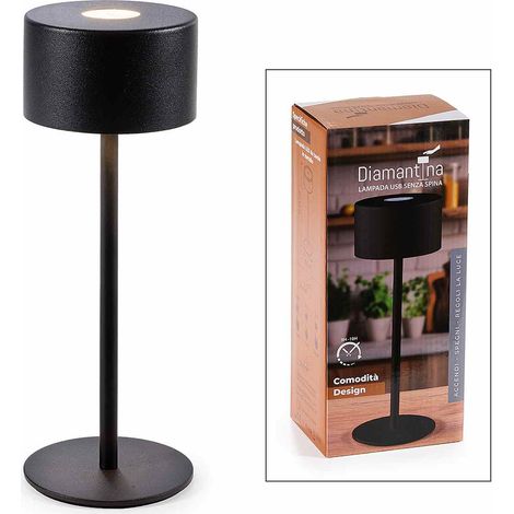 Diamantina, lampada da tavolo in metallo con luce LED, si accende con un tocco e si ricarica con cavo USB incluso, Ø 9 cm x 25 H
