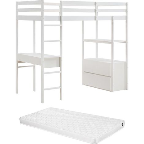 Letto a soppalco 90 x 190 cm con scrivania e vani contenitore Pino e MDF Bianco + Materasso - KALIZI