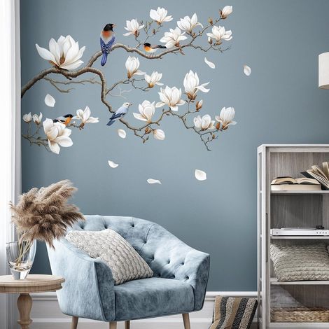 CCYKXA 2-piece SHUCHING White Flower Wall Stickers, White Magnolia Wall Decal, Wall Decoration for Living Room Bedroom (Left) (1/5)