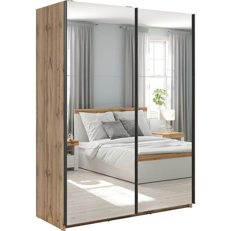 Armoire placard à 2 portes coulissantes avec miroir coloris Chêne wotan - Longueur 153,5 x Profondeur 60 x Hauteur 195,5 cm (1/5)