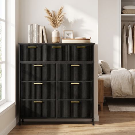 Commode de Chambre 9 Tiroirs, Meuble de Rangement en Velours Côtelé, 98,7 x 30 x 96,2 cm, Noir (1/5)