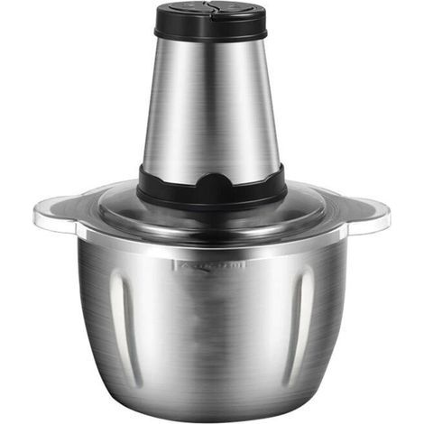 Elektrische Küchenmaschine mit 250 W Leistung und 2 Geschwindigkeitsstufen. 4 Edelstahlklingen. 2-Liter-Edelstahlschüssel. Spritzschutz. Schnelle Verarbeitung von Gemüse und Fleisch.