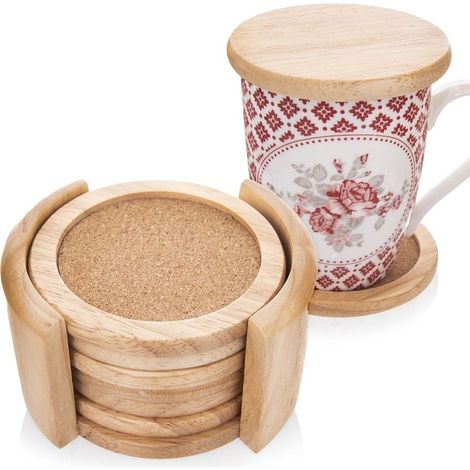 Posavasos de madera con soporte, 6 piezas. (1/5)