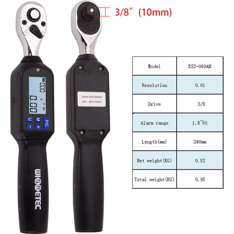 Clé dynamométrique numérique portable ES3-060AN 3/8 pouce, grand écran rétroéclairé, alarme sonore LED, mesure des pics en temps réel, quatre unités de mesure, multifonctionnelle et pratique. (1/5)