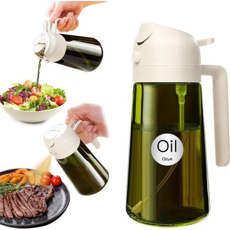 Distributeur d'huile d'olive 2 en 1 - vaporisateur d'huile - flacon d'huile - 470 ml - Verseur d'huile - Pour la cuisine - Plastique - Blanc (1/5)