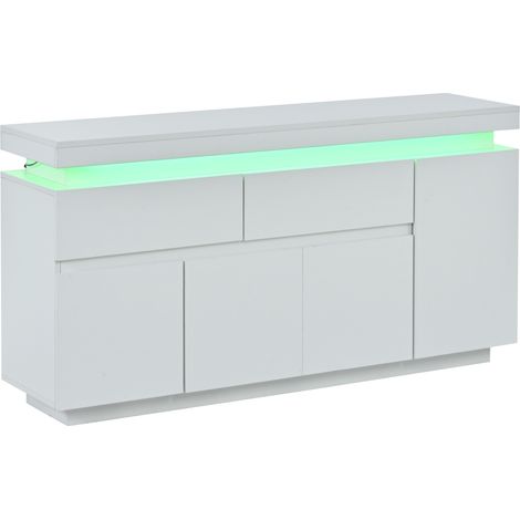Credenza da soggiorno bianca lucida 140 x 35 x 72,5 cm con 2 cassetti, 4 ante e LED (1/5)