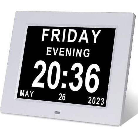 Large format digital calendar clock for elderly people with dementia or Alzheimer's disease, displaying the day and date. (1/4)