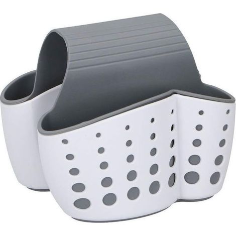Escurridor de platos de doble cara para cocina, ducha y baño: organizador y almacenamiento ideal para esponjas, jabones, cepillos y más. Blanco/gris. (1/4)