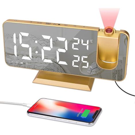 Projecteur de réveil - Radio-réveil vintage doré avec affichage de la température et de l'humidité, réveil numérique, port de chargement USB et projection de l'heure rotative à 180°. (1/5)