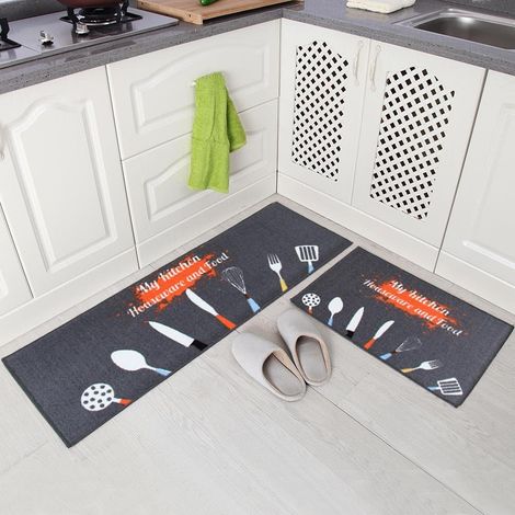 Tappeto da cucina 2 pezzi, antiscivolo, lavabile in lavatrice, zerbino da bagno, zerbino da cucina (40x120+40x60 cm, grigio cucina)