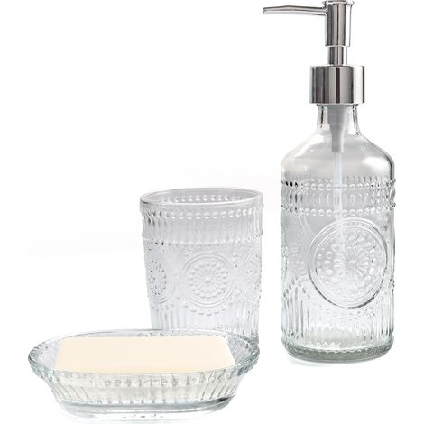 Lot de 3 accessoires de salle de bain en verre, distributeur de lotion et de savon, porte-brosse à dents, porte-savon, décoration moderne pour comptoir de salle de bain pour la maison (1/5)