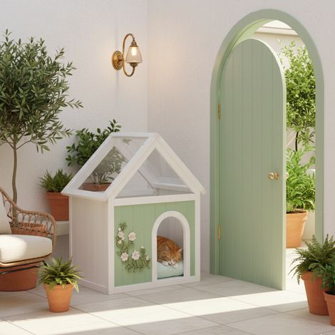 Casa para gatos de madera con techo de acrílico, tapa superior como mesa auxiliar, color menta (1/5)