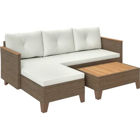 Gartenmöbelset aus PE-Rattan mit 2-Sitzer-Sofa, Chaiselongue und Couchtisch, cremefarben