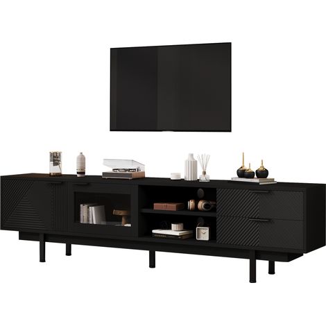 200×40×50,5 cm Meuble TV moderne et simple, lowboard avec 2 portes et 2 tiroirs, grand espace de rangement, capacité totale 45 kg, adapté aux téléviseurs jusqu’à 80 pouces, noir (1/5)