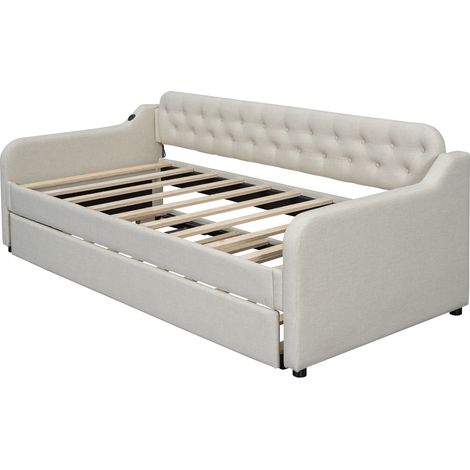 Canapé-lit 90200cm, lit de jour avec lit gigogne extensible, port USB, beige (1/5)