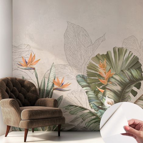 Selbstklebend Tapete - Wandgestaltung - Tapete Wohnzimmer - Flur Eingangsbereich Tropische Blumen 250x250 cm (1/5)