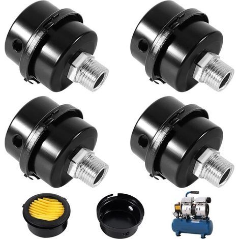Set of 4 air compressor filters, 3/8" 16 mm thread, silencer for replacement oil-free air compressor (black metal) (1/5)