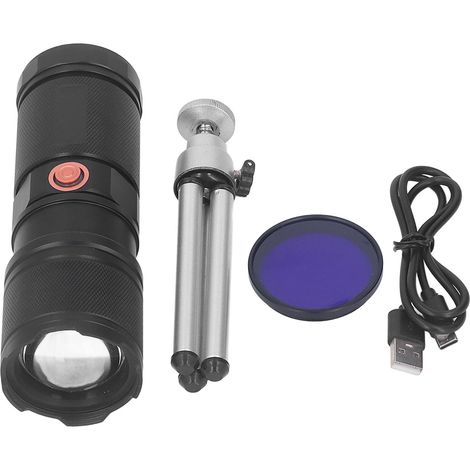Wiederaufladbare LED-Taschenlampe über USB mit Laserzoom, Batterie aus Aluminiumlegierung, 5400-mAh-Akku und Wellenerkennung.