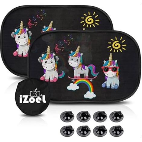 Pare Soleil Voiture Bébé Enfant, Brise Vitres Latérales, Auto Adhésifs, Ventouses, Rangement, 51 x 31 CM, Universelle - Protection Solaire et UV (Motif Arc-en-Ciel) (1/5)