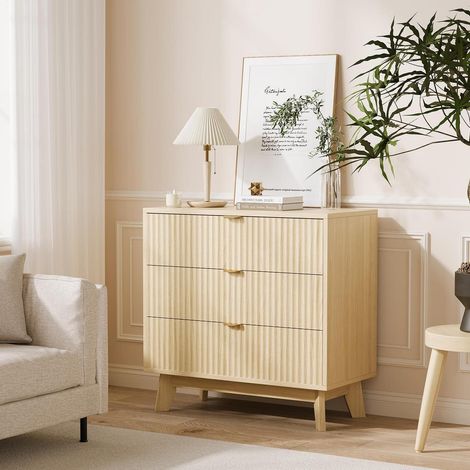 Kommode mit 3 Schubladen, 80cm, Eiche Natur, geriffelte Front (1/5)