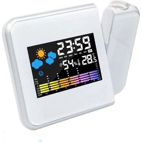 Réveil météo et projection LED Longziming – Réveil numérique à projection avec fonction de chargement USB – Projette l'heure et la météo au plafond – Pratique pour la chambre, la maison ou l'extérieur (1/5)