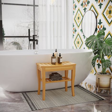 Tabouret douche en bambou étagère siège salle bain stable hygiénique rangement intégré - Dimensions: 47,5x26x44,5 cm - Couleur: Naturel (1/4)