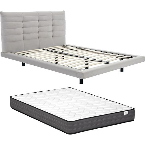 Letto 140 x 190 cm con testata trapuntata Velluto Grigio + Materasso  - NISATIO