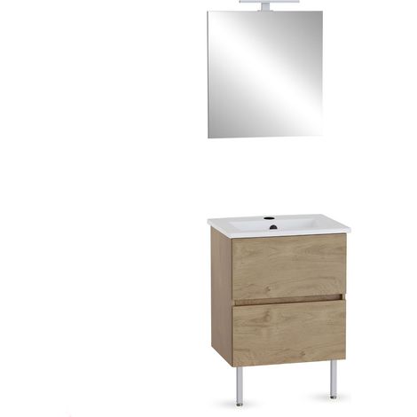 VitrA Pack meuble 60cm chêne doré 2 tiroirs Mia Plus Square, plan céramique, miroir avec éclairage Led (1/3)