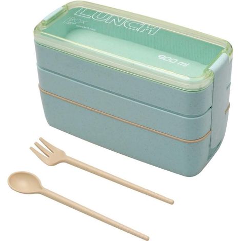 Boîte à lunch à 3 compartiments avec cuillère et fourchette, empilable, 900 ml (verte) (1/5)