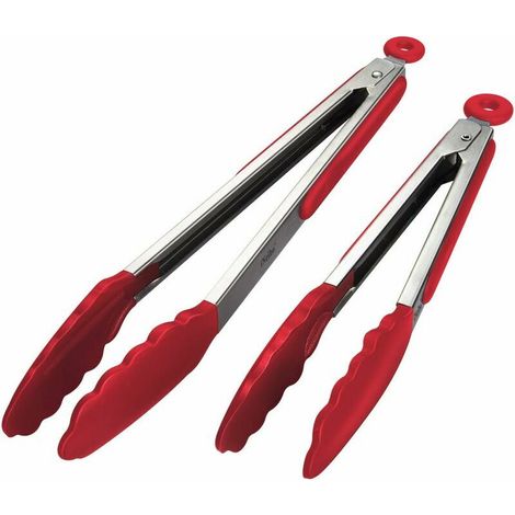 Lot de 2 pinces de cuisine professionnelles en acier inoxydable, pinces à barbecue et pinces de cuisine en silicone alimentaire résistant à la chaleur - 27,5 cm et 23 cm, rouge (1/5)