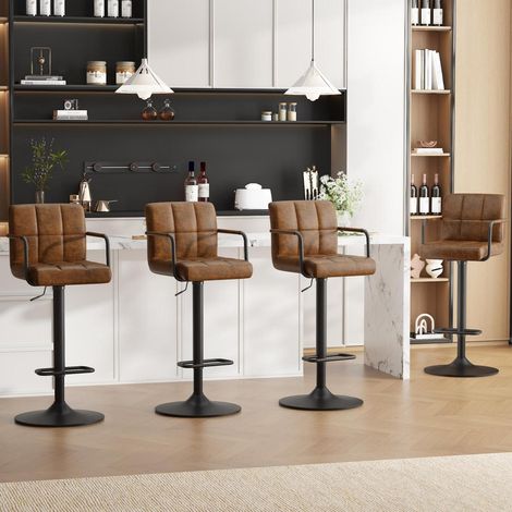 Barhocker 4er Set, höhenverstellbar, drehbar, mit Rückenlehne, PU-Leder, schwarzbraun/gelbbraun (1/5)