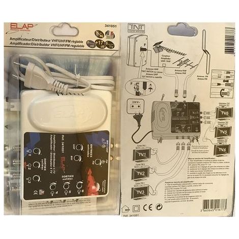 Amplificateur TNT 2 entrées UHF/FM/VHF / 6 sortie REGLABLES REF 341051 ELAP
