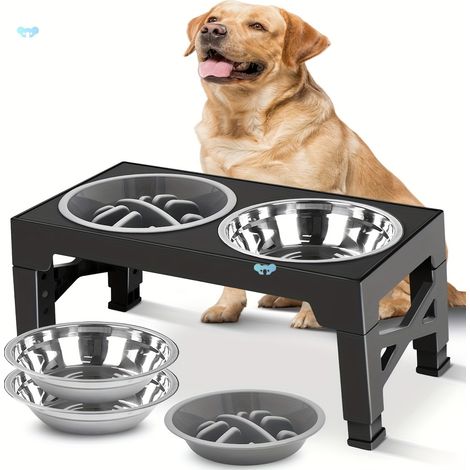 Gamelle pour chien réglable en hauteur, surélevée avec 5 hauteurs, avec gamelle d'eau anti-fuite, gamelles pour chien, gamelles en acier inoxydable, pour chiens de grande taille (gris)