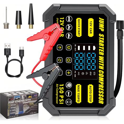 Booster Batterie Voiture avec Gonfleur, 12V Demarreur Batterie Voiture avec Gonfleur Pneus 150PSI, 29600mWh Jump Starter Multifonctionnel, Lampe Torche Intégrée, Charge Rapide 18W (1/5)
